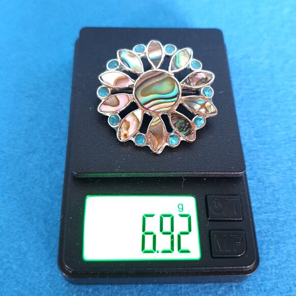 Vintage Mexican Abalone & Turquoise Inlaid Alpaca Silver Flower Brooch - Picture 11 of 11